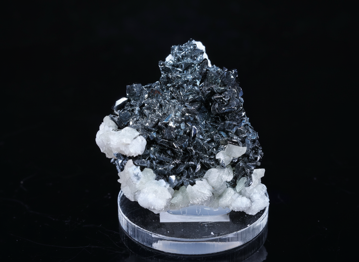 Hematita brillante sobre cristales blancos de Biancavilla