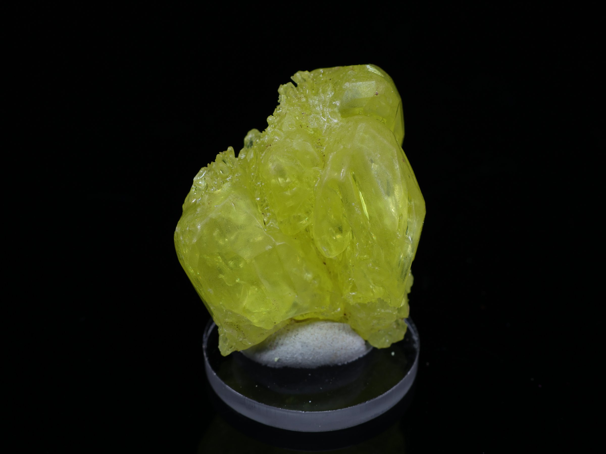 Bright yellow crystals of sulfur from the El Desierto mine in Bolivia
