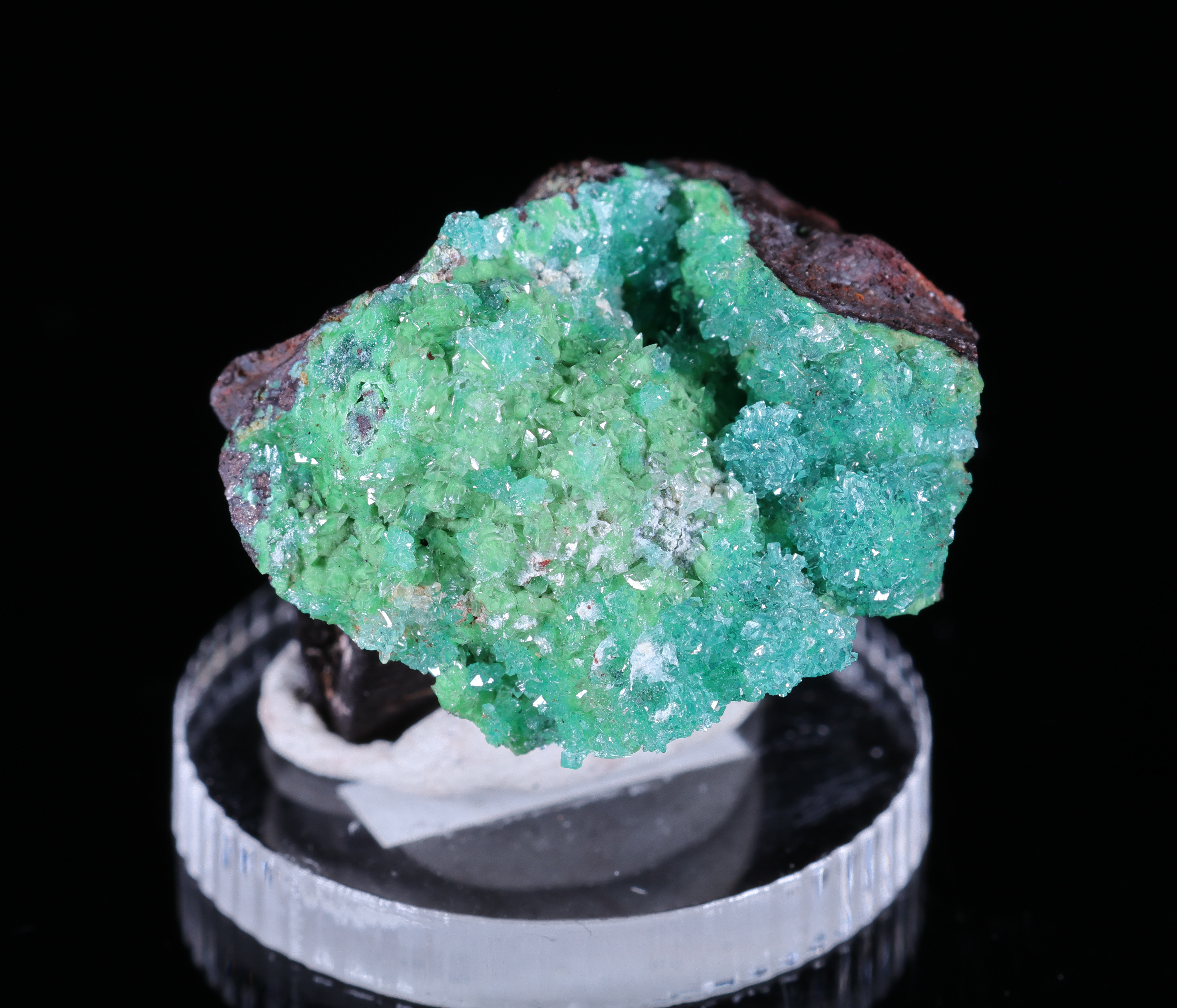 Green Adamite with Calcite on Conichalcite from Mexico